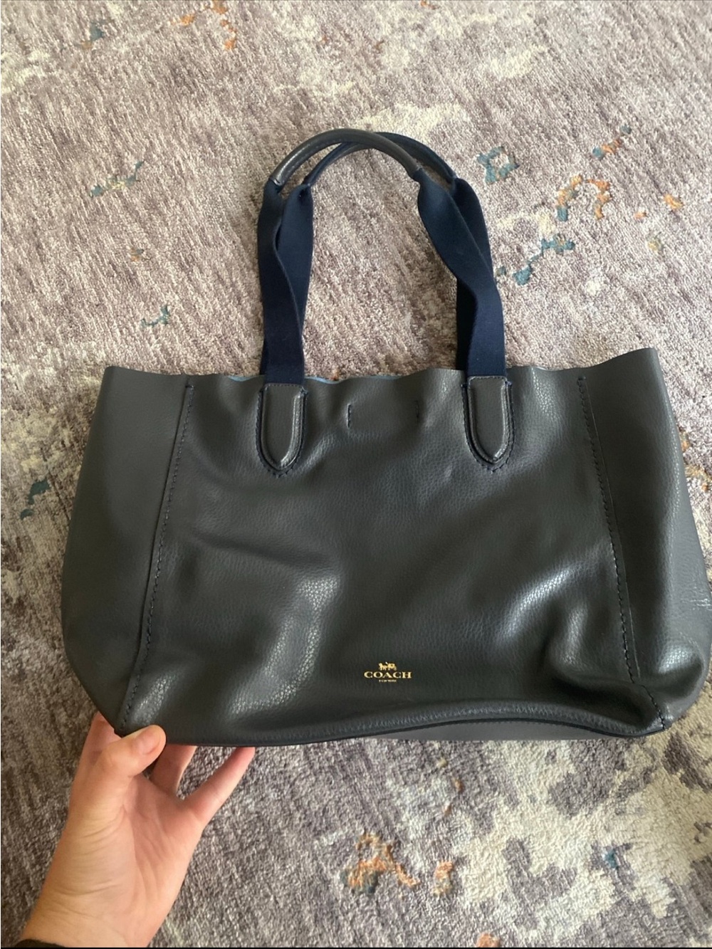 Coach Black Leather Tote with Navy Straps